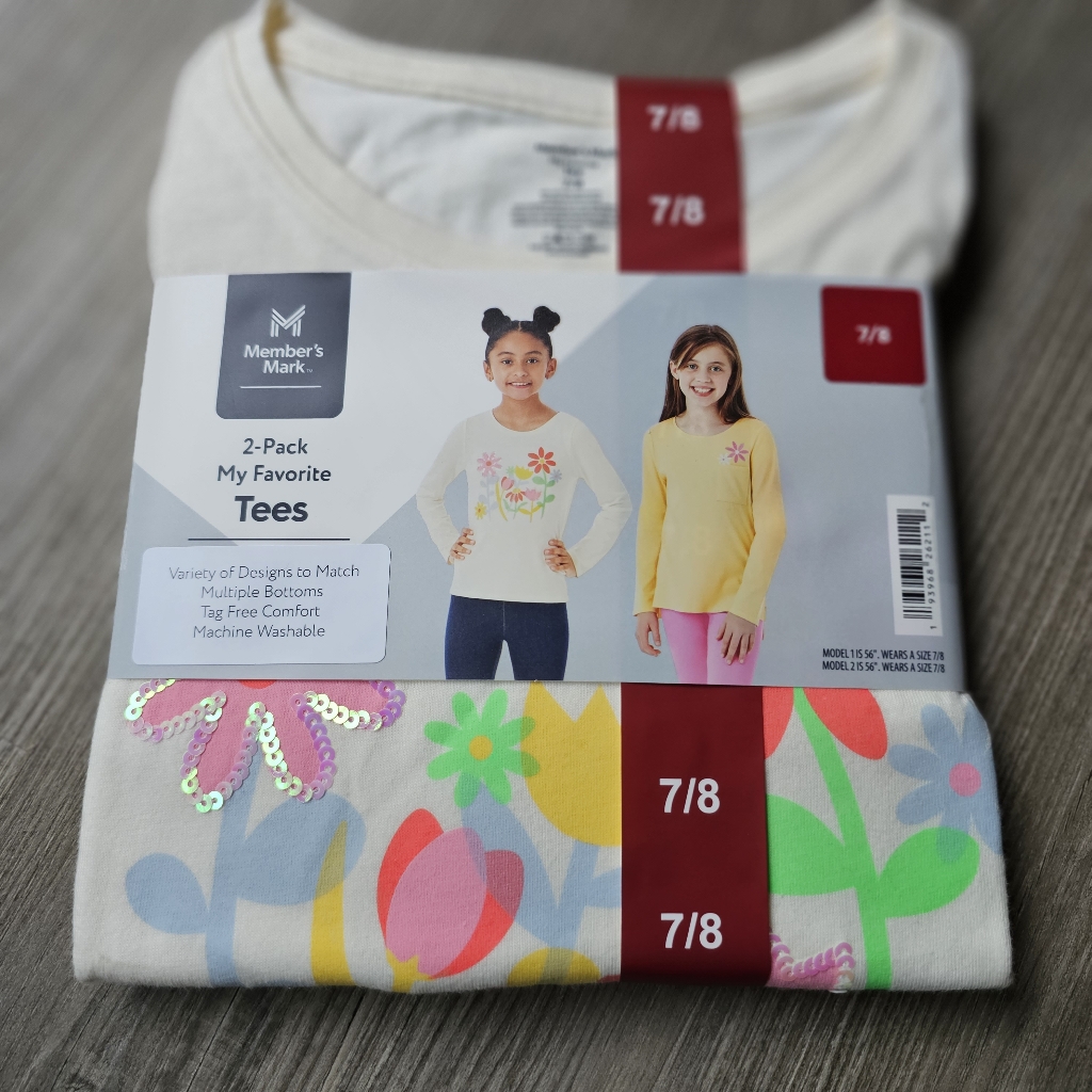 Member's Mark Set Of 2 7/8 Or 14/16 Long Sleeve Sequined Flowers Tee Shirts